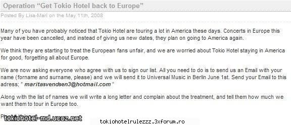 deci,fanii din europa au inceput o actie.dupa cuvintele lui tom kaulitz,el ii iubeste pe fanii sai